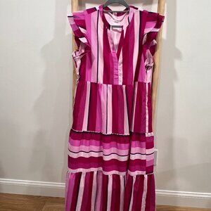 Magenta Flutter Sleeve Stripe Maxi Dress
